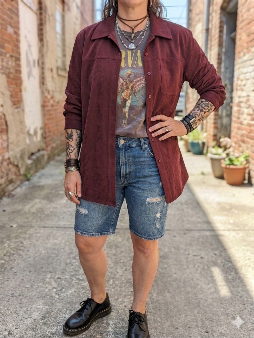 Vintage 90s Alia Sport Burgundy Microsuede Button Up Shirt M Oversized Grunge